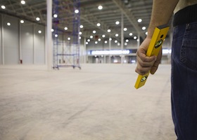 Midsection of manual worker holding spirit level in empty warehouse