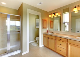 Beautiful Classic Bathroom With Double Sink And Shower.